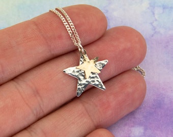 Star Necklace, Stars Pendant, Gold and Silver Star Necklace, Hammered Star Necklace, Dainty Minimalist Necklace, Mixed Metal Jewellery