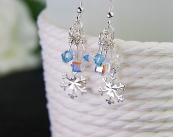 Swarovski Snowflake Earrings, Sterling Silver Snowflake Earrings, Icicle Earrings, Christmas Earrings