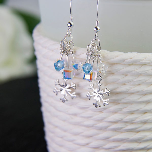 Swarovski Snowflake Earrings, Sterling Silver Snowflake Earrings, Icicle Earrings, Christmas Earrings