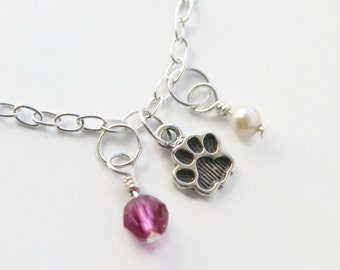Paw Print Charm Bracelet, Paw Print Bridesmaids Bracelet, Birthstone Charm Bracelet, Sterling Silver Charm Bracelet, Animal Lover Bracelet