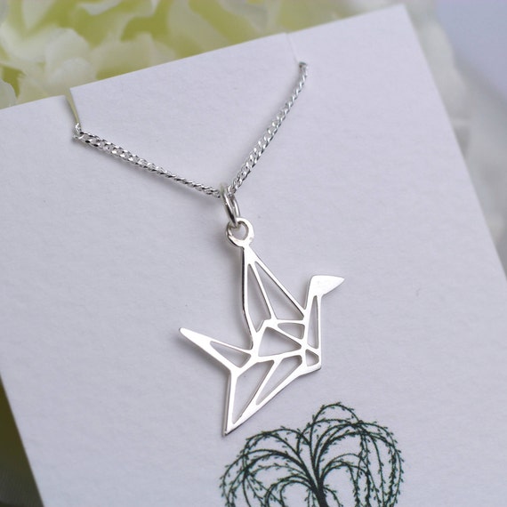 Sterling Silver Bird Necklace, Silver Crane Necklace, Silver Origami Bird  Necklace,