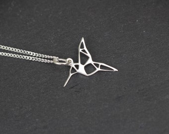 Sterling Silver Bird Necklace, Silver Hummingbird Necklace, Silver Origami Bird Necklace,