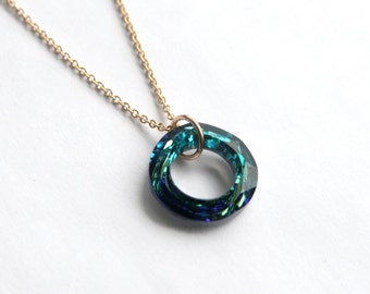 Swarovski Cosmic Ring Necklace, Bermuda Blue Pendant, Gold Filled Cosmic Ring, Swarovski Crystal Necklace