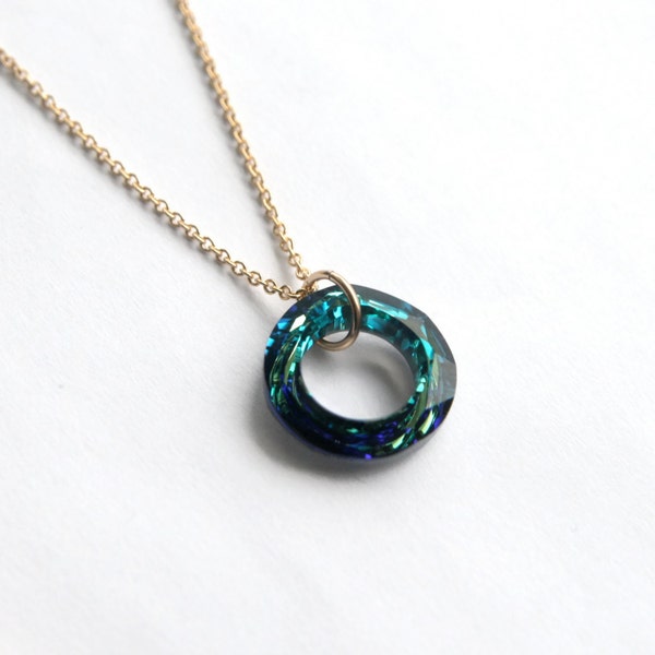 Swarovski Cosmic Ring Necklace, Bermuda Blue Pendant, Gold Filled Cosmic Ring, Swarovski Crystal Necklace