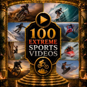 Peut inclure: Un graphique numérique présentant le texte 100 EXTREME SPORTS VIDEOS centré dans un cadre doré. Autour du texte central se trouvent huit images d'action distinctes incluant motocross, surf, snowboard, wingsuit, escalade, kayak, VTT et wakeboard.