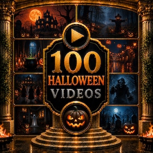 Puede incluir: Un gráfico digital con el texto 100 HALLOWEEN VIDEOS en letras doradas y plateadas. El emblema central incluye un icono de reproducción y una calabaza tallada, rodeado por seis paneles más pequeños que muestran escenas espeluznantes con calabazas, fantasmas, esqueletos y casas encantadas.