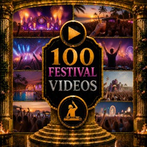 Puede incluir: Un gráfico digital con el texto 100 FESTIVAL VIDEOS centrado en un escudo negro con borde dorado. El diseño incluye un icono de reproducción, una silueta de DJ y seis paneles circundantes que muestran multitudes, fuegos artificiales y escenarios.