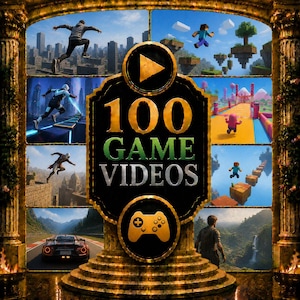 Puede incluir: Un collage digital que presenta el texto 100 GAME VIDEOS centrado dentro de un emblema negro con bordes dorados. El emblema incluye un botón de reproducción y un icono de mando de juego, rodeado por seis escenas de videojuegos con personajes.