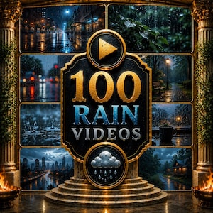 May include: A decorative sign featuring the text 100 RAIN VIDEOS in gold and silver lettering, centred within a gold-bordered frame. The design includes a play button icon, a rain cloud icon, and six distinct rainy scenes in the background.