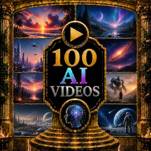 Könnte beinhalten: Eine digitale Grafik mit dem Text 100 AI VIDEOS in goldener und schillernder Schrift. Das zentrale Emblem enthält ein Play-Button-Symbol und die Silhouette eines menschlichen Kopfes mit leuchtendem Gehirn. Umgebende Felder zeigen Sci-Fi-Szenen.
