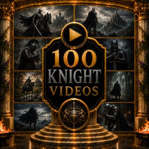 Peut inclure: Un graphique numérique affichant le texte 100 KNIGHT VIDEOS en lettres dorées et argentées. L'emblème central comprend une icône de bouton de lecture et un écusson. Huit scènes distinctes de chevaliers en armure sombre entourent le texte.