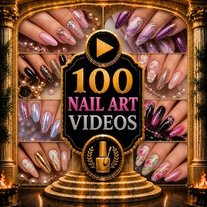 Könnte beinhalten: Eine digitale Grafik mit einem zentralen schwarzen Schild mit Goldrand, das den Text 100 NAIL ART VIDEOS und ein Wiedergabesymbol zeigt. Um das Schild herum befinden sich sechs Felder, die verschiedene manikürte Fingernägel mit diversen Designs präsentieren.