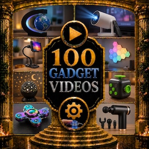 Può includere: Un collage digitale che presenta il testo 100 GADGET VIDEOS circondato da vari articoli elettronici, tra cui un globo fluttuante, un proiettore, un supporto per telefono, luci da parete esagonali, un proiettore di stelle, un fidget cube, uno spinner e una pistola massaggiante.