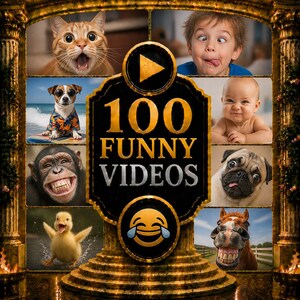 May include: A digital collage featuring a central black emblem with the gold text 100 FUNNY VIDEOS and a laughing emoji icon. Surrounding the emblem are eight individual images of a surprised cat, a cross-eyed child, a dog in a shirt, a baby, a smiling chimpanzee, a pug, a duckling, and a horse.