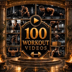 Könnte beinhalten: Eine digitale Grafik mit dem Text 100 WORKOUT VIDEOS in goldener Schrift, zentriert in einem kreisförmigen Rahmen. Um das zentrale Emblem herum befinden sich sechs kleinere Felder, die Personen bei verschiedenen Kraftübungen zeigen.