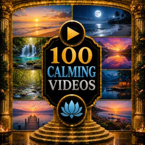May include: A digital graphic featuring the text 100 CALMING VIDEOS centered on a black shield-shaped plaque with gold trim. The design includes a play button icon, a lotus flower symbol, and six scenic landscape images of nature scenes.