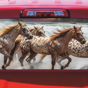 May include: A red pickup truck rear window decal featuring a graphic of four spotted horses galloping through shallow water. The horses have tan coats with dark brown spots and flowing manes, depicted in motion against a backdrop of rushing water.