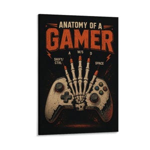 Anatomy of a Gamer Canvas Print, Skeleton Hand Game Controller Wall Art, Vintage Gaming Poster for Bedroom Game Room Decor