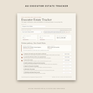May include: A digital AU Executor Estate Tracker form on a cream background. The document includes fields for estate name, state, and progress metrics. It lists seven probate pathway steps for New South Wales, including checkboxes, dates, and contact details for the Supreme Court and NSW Trustee and Guardian.