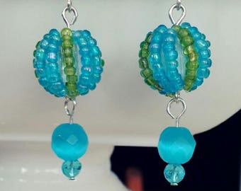 Beaded Ball Earrings, Aqua with Light Green, about1 5/8 inches long