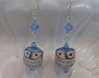 Owl Earrings, Blue, Ceramic Owl, Pierced