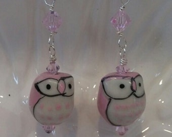 Owl Earrings, Pink, Ceramic Owl, Pierced