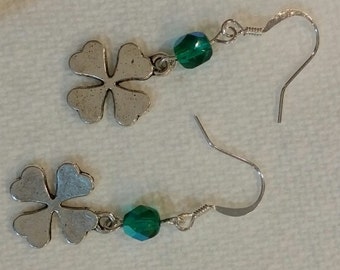 Shamrock Clover Dangle Earrings with 6mm Green Glass Bicones and Silver Plated Shamrocks, Pierced