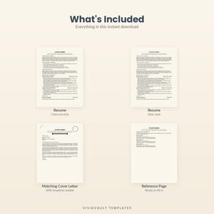 May include: A digital document set titled What's Included featuring four templates: a charcoal style resume, a slate style resume, a matching cover letter with a headshot bubble, and a reference page. The bottom text reads VIVIDVAULT TEMPLATES.
