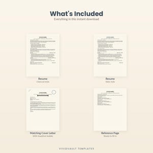 May include: A digital download set featuring four document templates on a light background. The collection includes a resume in charcoal style, a resume in slate style, a matching cover letter with a headshot bubble, and a reference page.