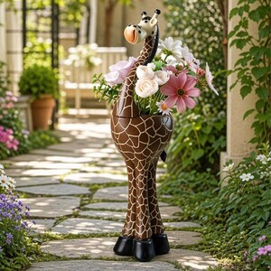 May include: A tall giraffe-shaped planter featuring a brown body with a white geometric pattern, a long neck, and black hooves. The hollow upper section holds a bouquet of white and pink flowers, including daisies and roses, with green foliage.