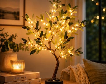 Olive Tree Lamp, LED Bonsai Light, Mediterranean Decor, Ambient Table Lamp (USB Powered)