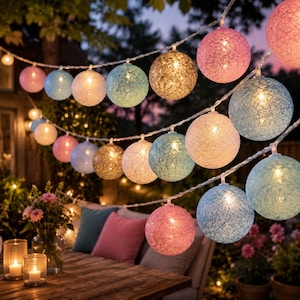 Cotton Ball Fairy Lights – Warm LED String Lights – Cozy Decorative Lighting for Bedroom & Home