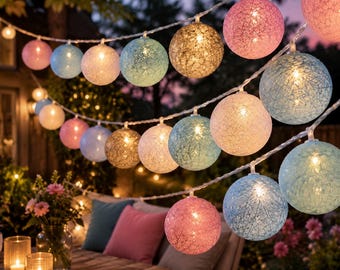 Cotton Ball Fairy Lights – Warm LED String Lights – Cozy Decorative Lighting for Bedroom & Home