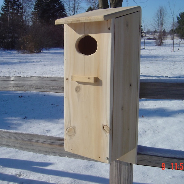 Wood duck nest box, white cedar, full door design.