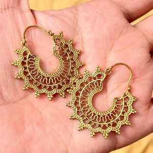 gold filigree hoop earrings, brass vintage design image 5