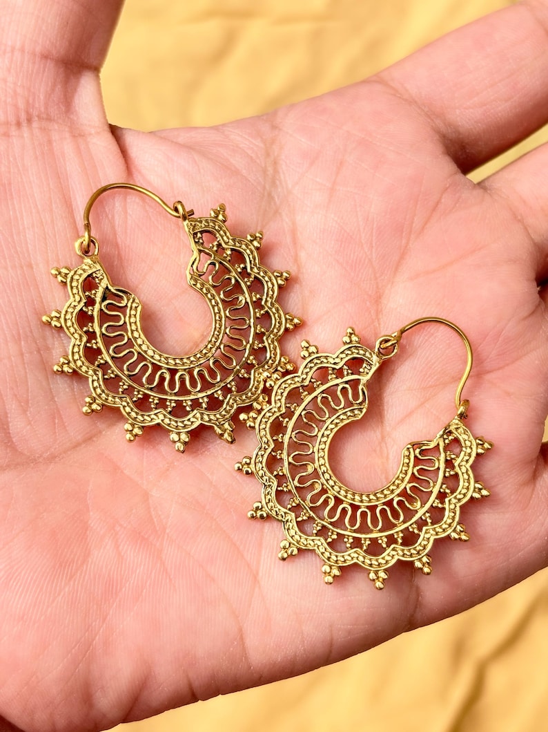 gold filigree hoop earrings, brass vintage design image 5