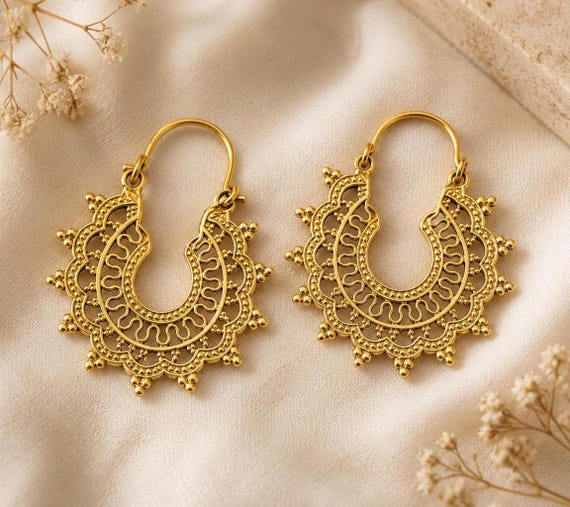 Gold Filigree Hoop Earrings, Brass vintage Design