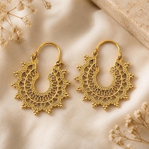 gold filigree hoop earrings, brass vintage design image 1