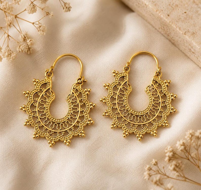 gold filigree hoop earrings, brass vintage design image 1