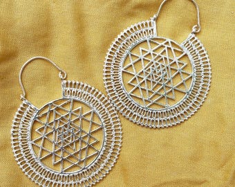 Silver Sacred Geometry Hoop Earrings – Sri Yantra Mandala Dangle Earrings