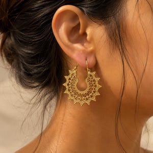 gold filigree hoop earrings, brass vintage design image 2