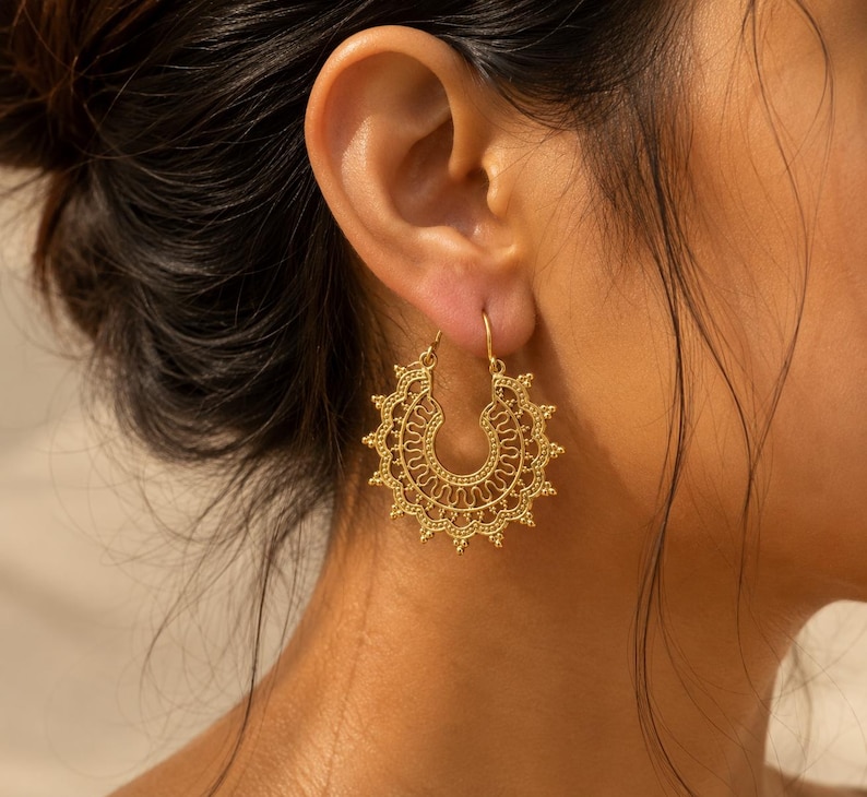gold filigree hoop earrings, brass vintage design image 2