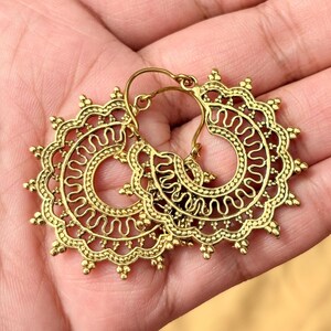 gold filigree hoop earrings, brass vintage design image 6