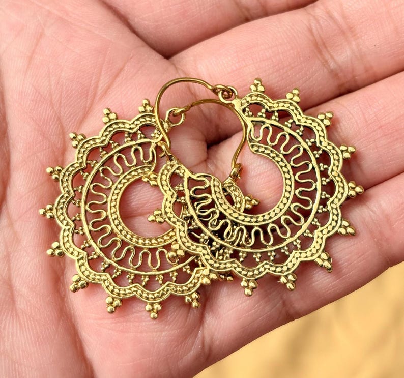 gold filigree hoop earrings, brass vintage design image 6