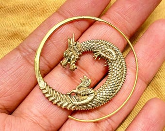 Brass Dragon Hoops | Tribal Spiral Earrings | Mythical Serpent Jewelry | Statement Hoops