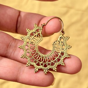 gold filigree hoop earrings, brass vintage design image 3