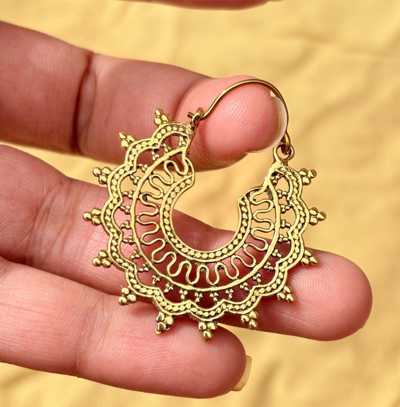 gold filigree hoop earrings, brass vintage design image 3