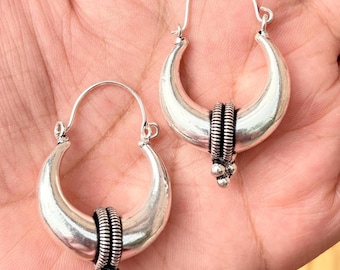 Silver Chunky Hoops, Thick Earrings Detailed Edges, Bohemian Style, Hypoallergenic Option