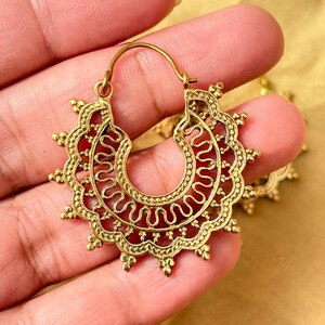 gold filigree hoop earrings, brass vintage design image 4
