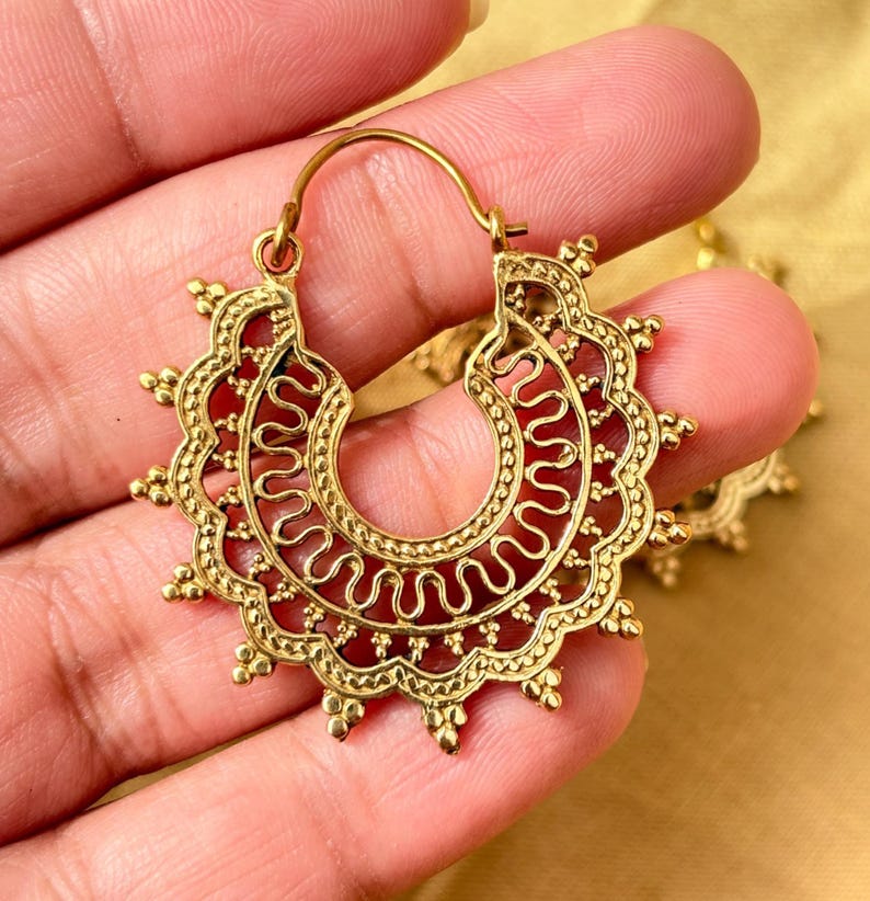 gold filigree hoop earrings, brass vintage design image 4